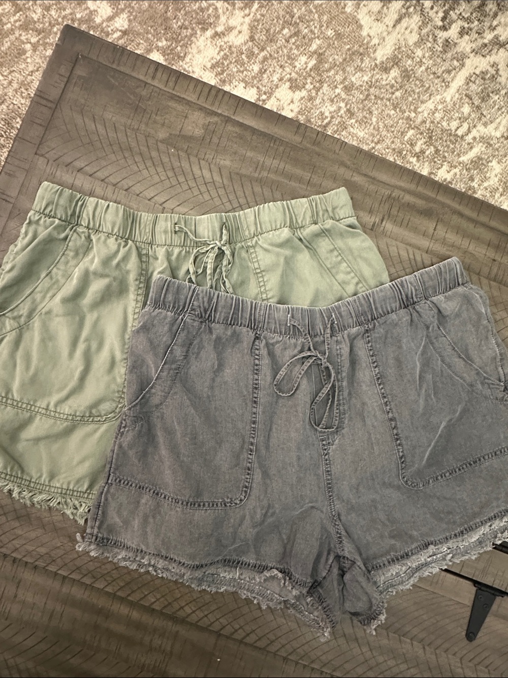 Time and Tru High Waist Drawstring Shorts — Sage Green & Washed Gray